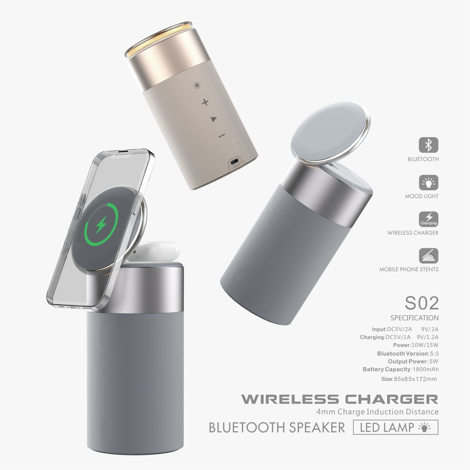 3 - in - 1 Wireless Charger – Speaker Blutooth – Light - ElectronicxPowerGrey