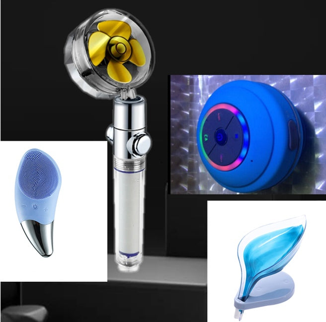 Collage of various shower heads with different designs and colors.