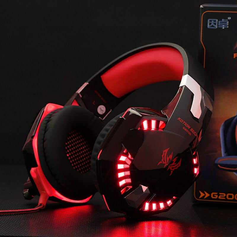 Gaming headset with red LED lights on a dark background